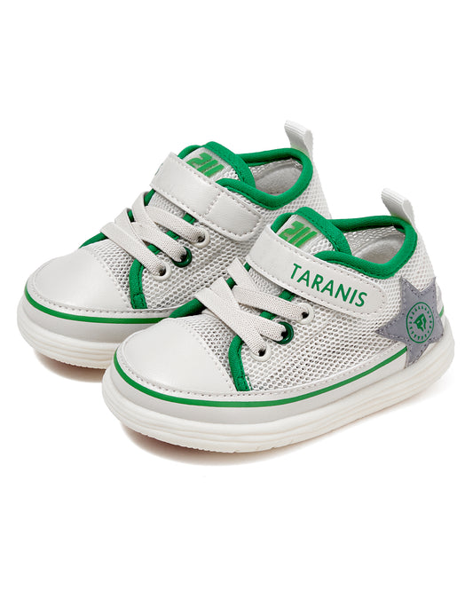 wide toe box baby walking shoes showing foot-shaped design and flexible forefoot bending for healthy alignment