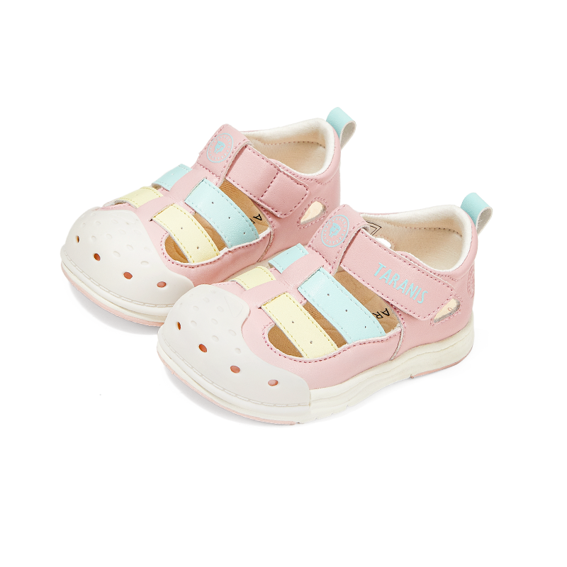 TARANIS Stage 2 Red and blue striped color-blocked mesh round-toe baby walking sandals