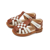 TARANIS Stage 3  White and green two-tone woven Roman leather sandals