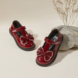TARANIS Stage 3 Diamond-Edged Burgundy Leather Shoes with Bow Embellishments